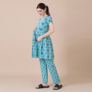 Alternative view of Sea Blue Maternity & Feeding Night Suit With Zippers (Top & Bottom)