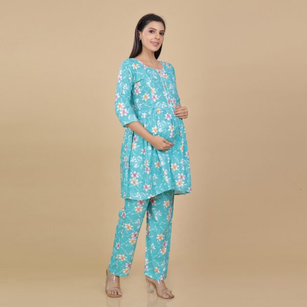 Turquoise Feeding & Maternity Night Suit(Top&Bottom) - Image 3