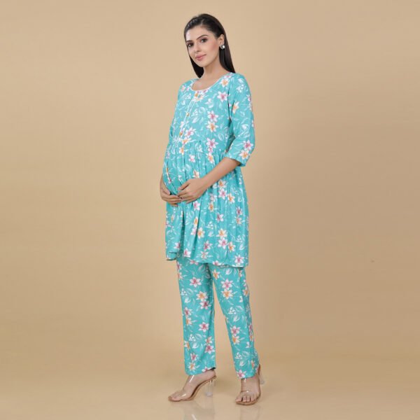 Turquoise Feeding & Maternity Night Suit(Top&Bottom) - Image 2